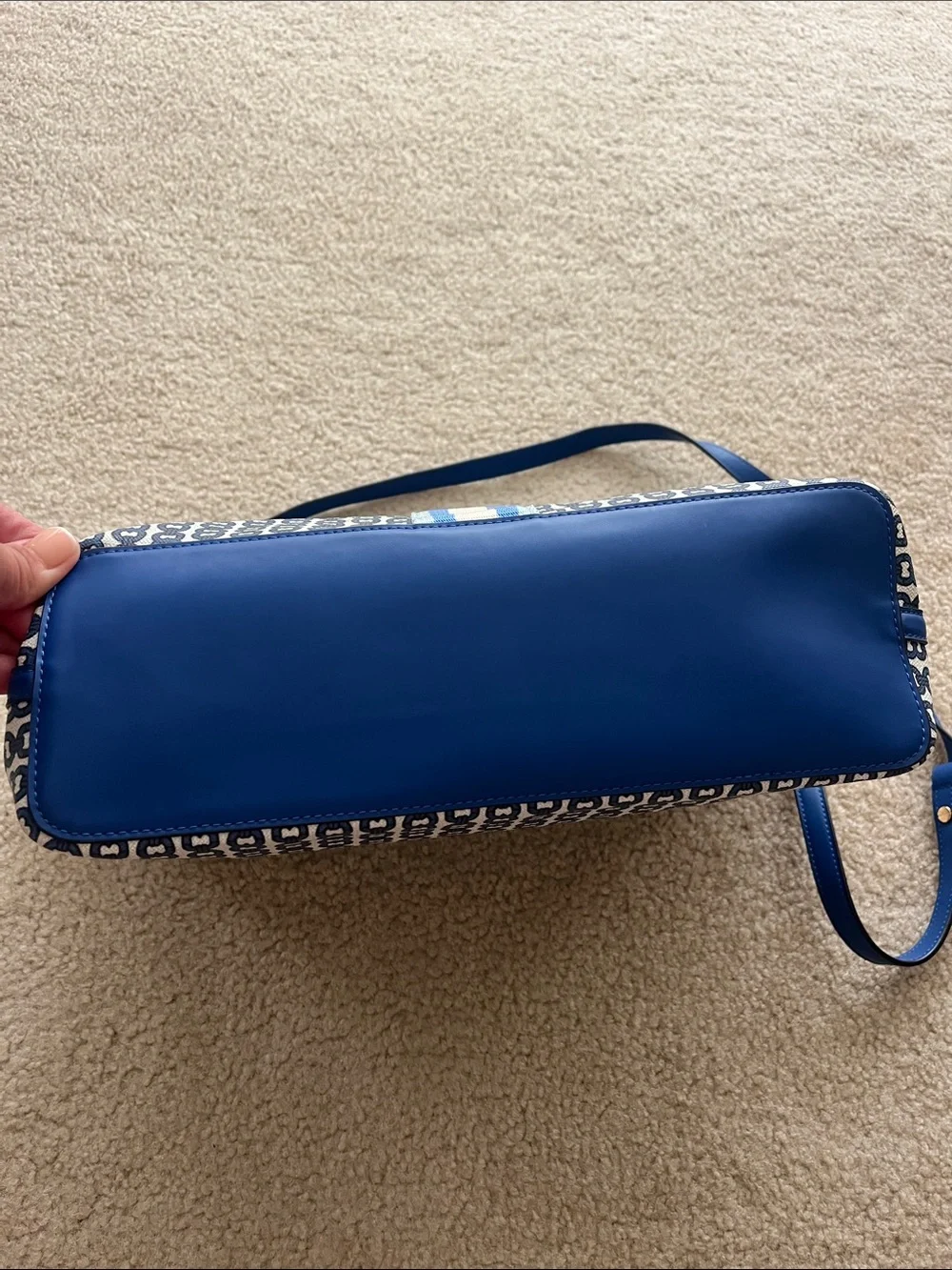 Tory Burch Gemini Link Blue and White Patterned Tote with Center Stripe